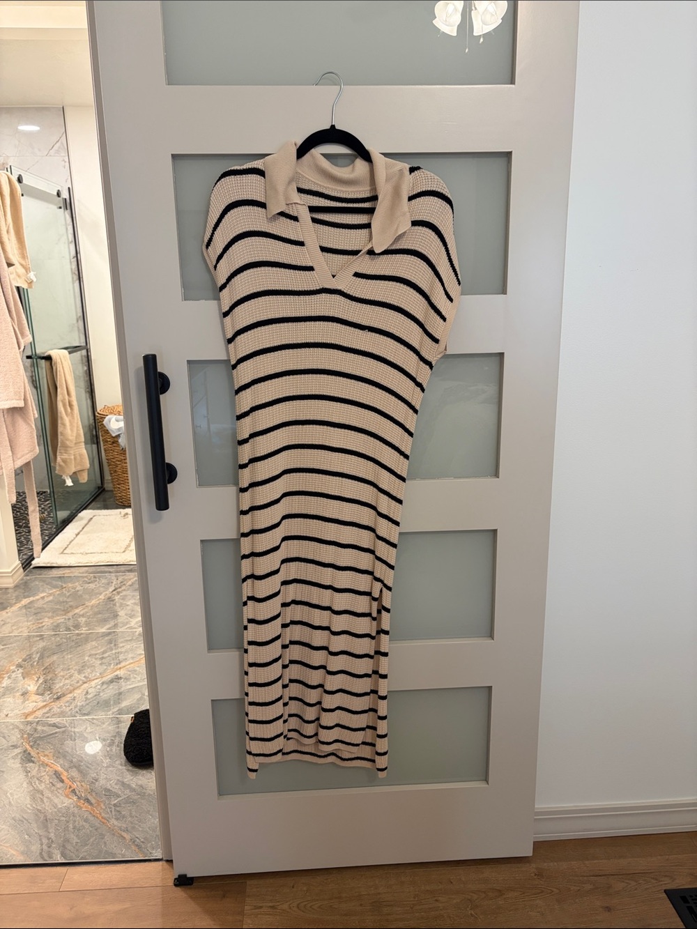 Beige and Black Striped Knit Collared Dress